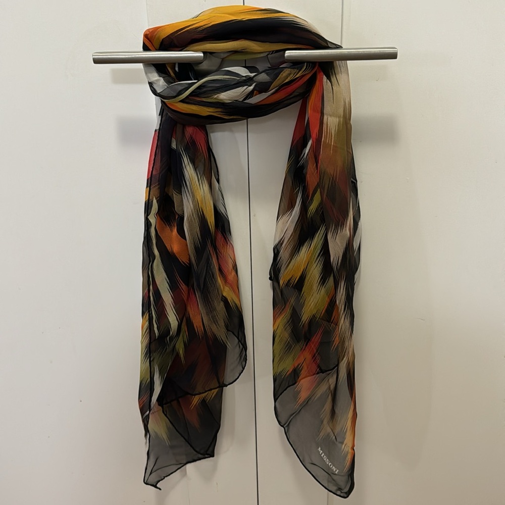 New Missoni Silk Chiffon Scarf Oblong Made In Italy Black